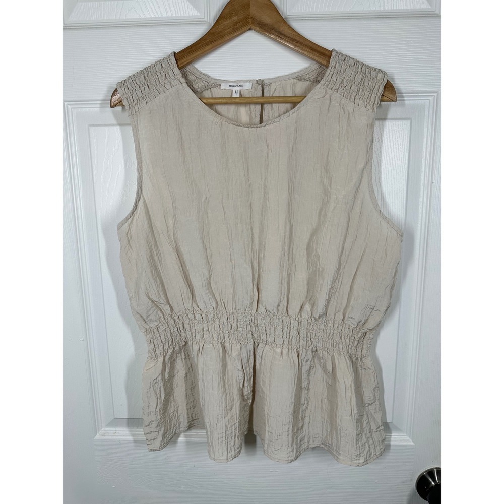 Maurices Top Womens XL Beige Peplum Smocked Waist Crinkle Sleeveless Blouse